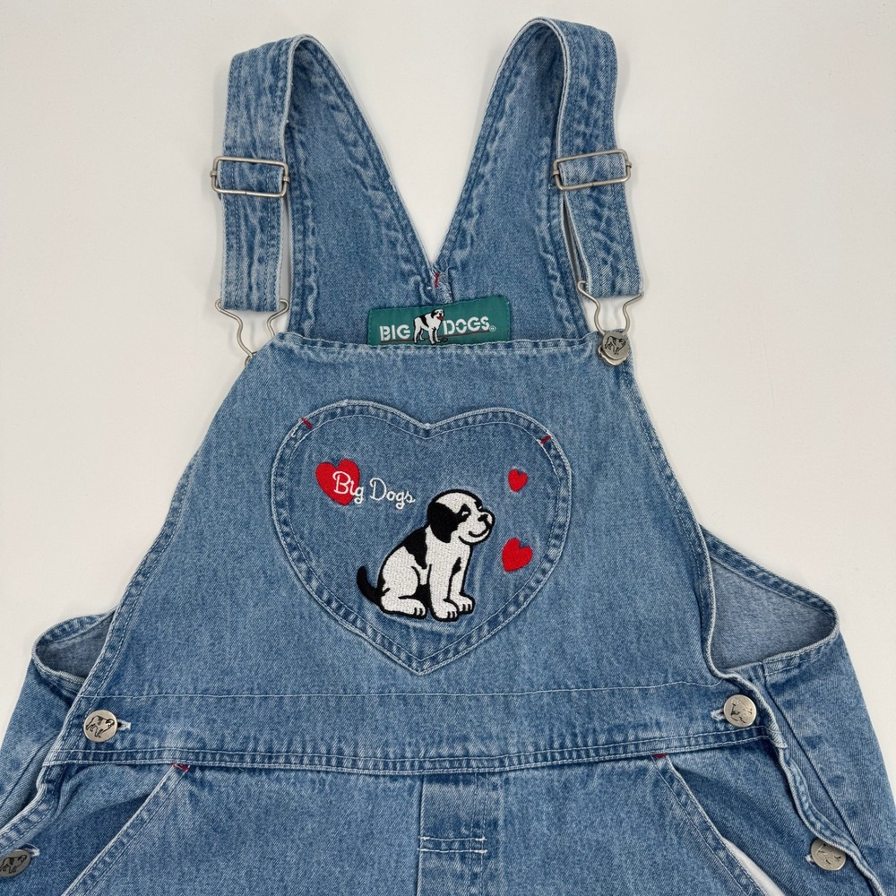 Big Dogs Denim Shortalls Women Medium Blue Heart Puppy Embroidered 90s Vintage - Picture 2 of 9